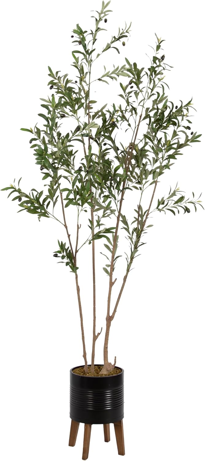 Kate and Laurel Oliveira Faux Olive Tree with Gavri Metal Planter Pot, 7.5 FT, Black and Rustic Brown, Potted Artificial Olive Plant Tree with Realistic Foliage and Moss, Fake Plant Living Room Decor