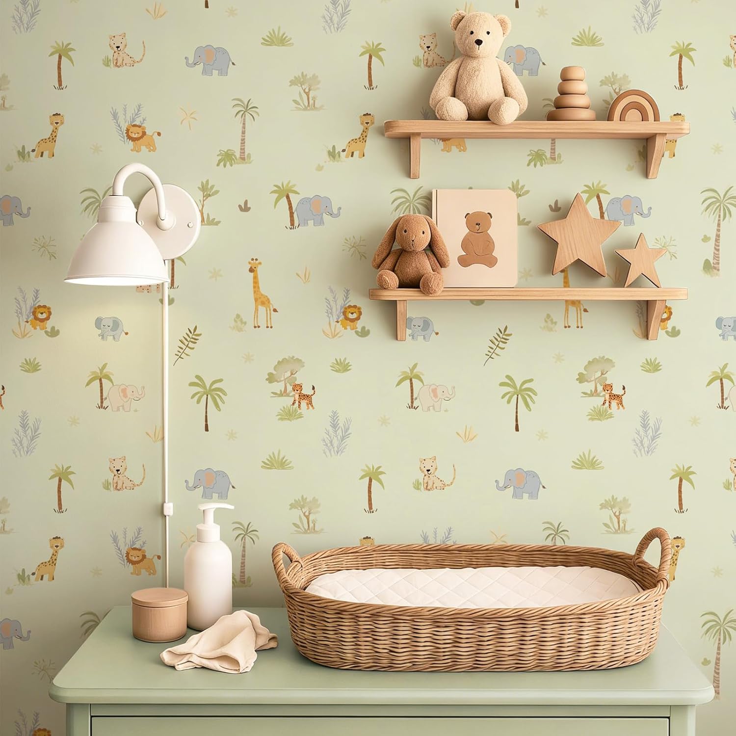 Safari Animals Peel and Stick Wallpaper, Green Nursery Wallpaper Jungle Forest Kids Wall Paper Removable Self Adhesive Contact Paper 17.3" 78.7" for Nursery Bedroom Playroom