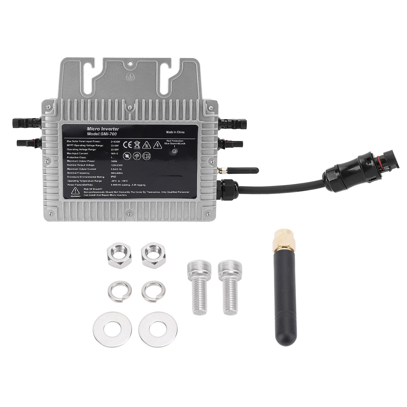 LiebeWH Solar-Mikro-Wechselrichter, WiFi-Grid-Tie-Wechselrichter aus Aluminiumlegierung, 700 W MPPT, IP67 Wasserdicht, Dual-PV-Eingang 2 X 435 W AC110 V für Kleine und Mittlere Haushaltskraftwerke