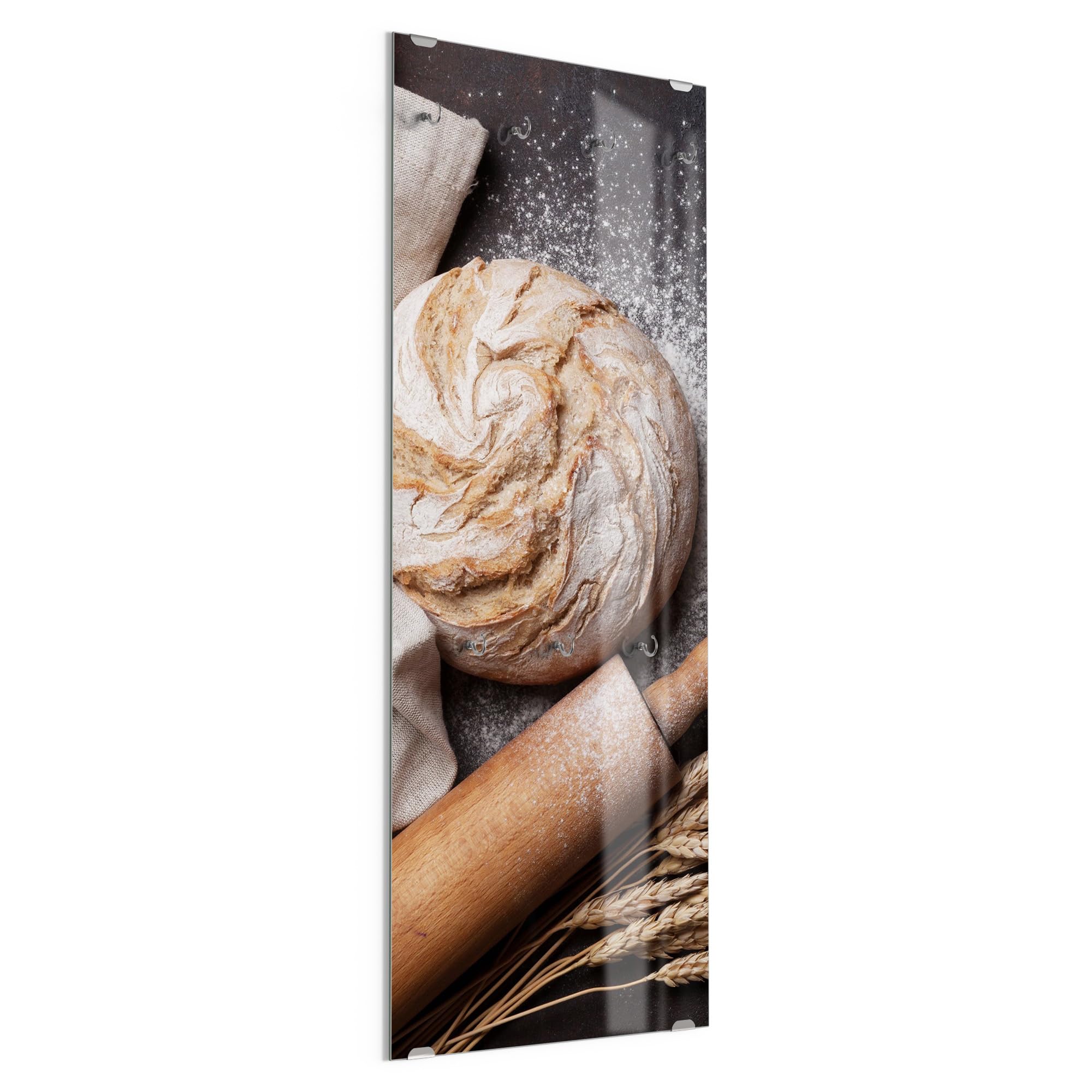DEQORI Wieszak na ubrania ze szkła z nadrukiem motywu, wzór pionowy, 50 x 125 cm, motyw chleba z wałkiem do ciasta, szkło bezpieczne ESG z 7 haczykami – możliwość zapisywania i łatwy montaż – łatwy w