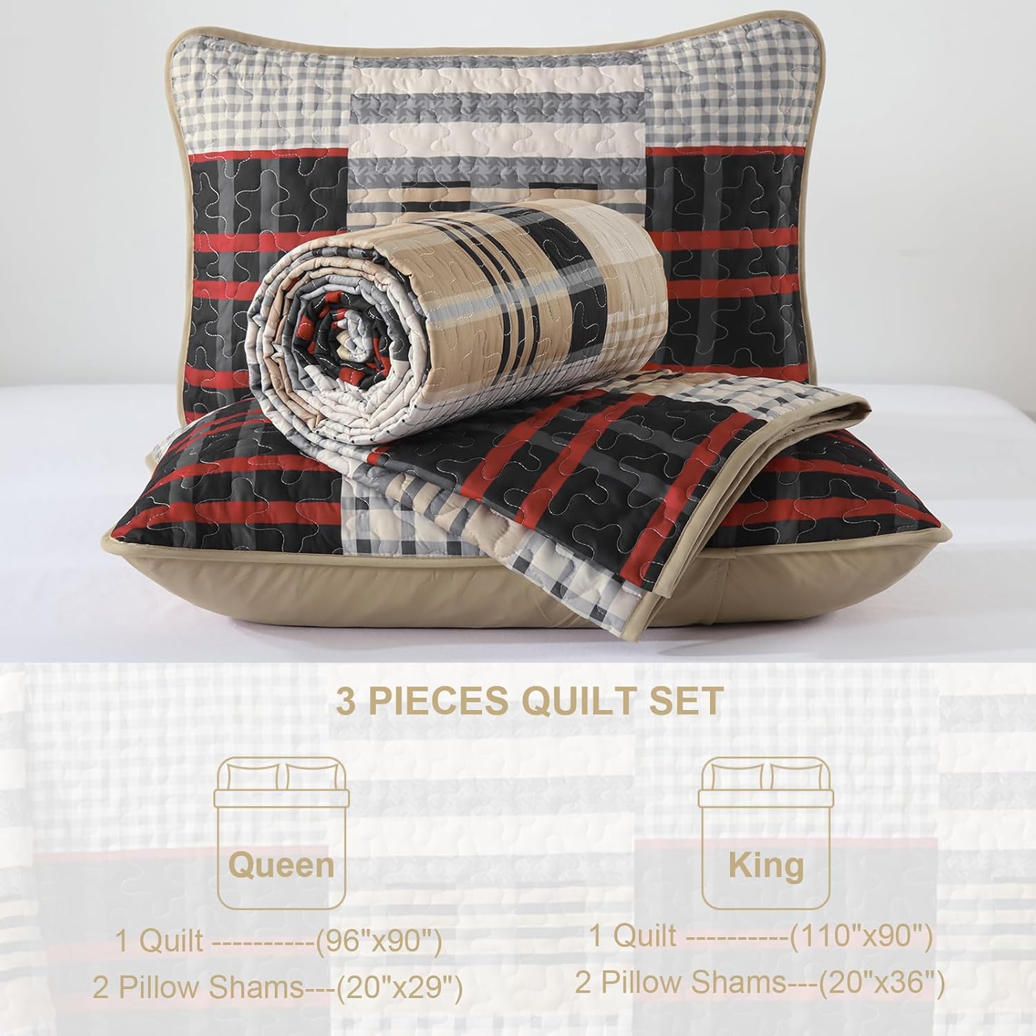 Anibedding Quilt Set King Size, Red-Brown Plaid Striped Bedspread Coverlet Set,Soft Microfiber Reversible Lightweight Bedding Cover for Spring(King,110"x90")