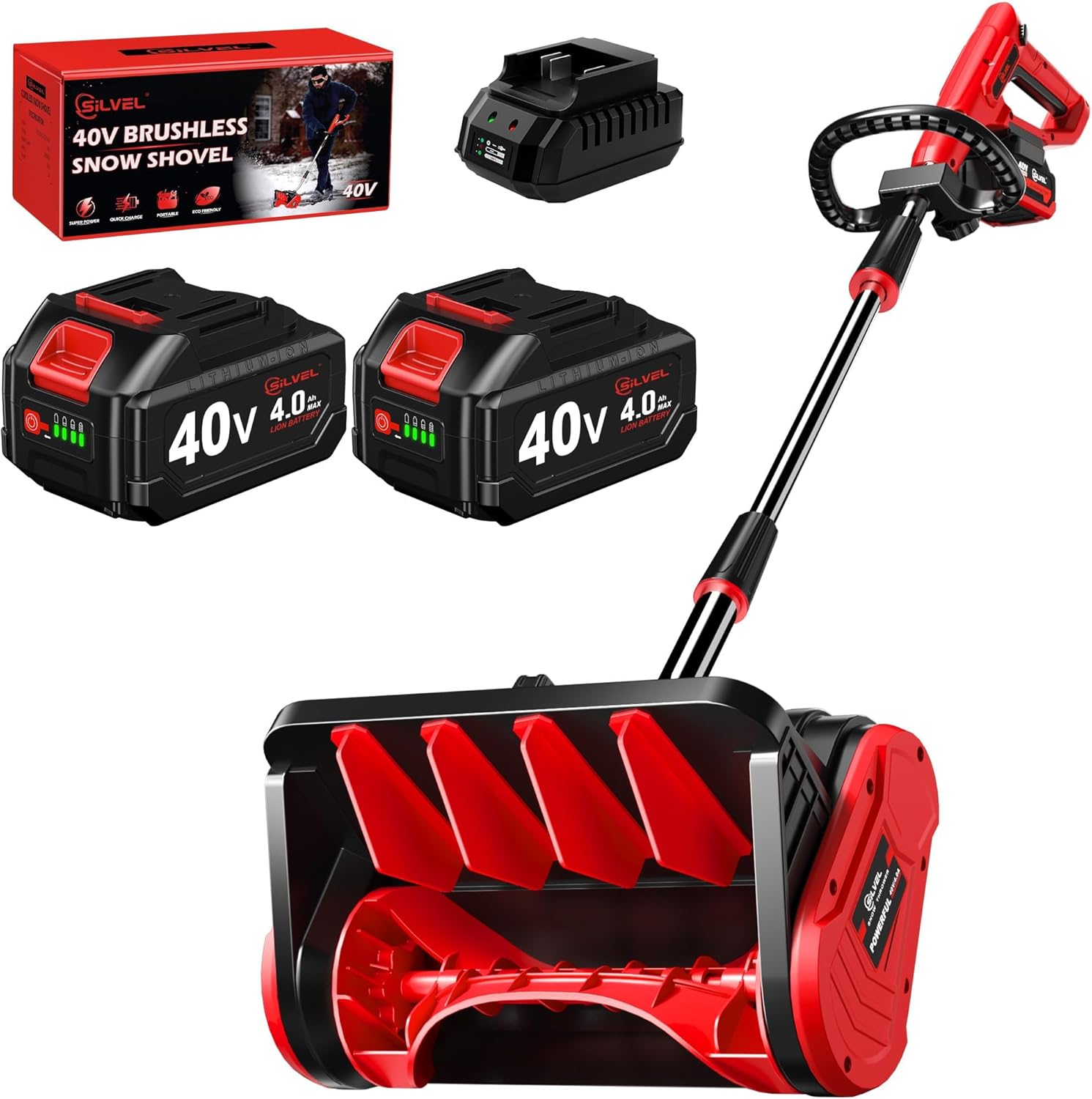 SILVEL 40V Cordless Snow Shovel,13 Inch Brushless Electric Snow Shovel with 2X4.0Ah Batteries & Charger,Battery Powered Snow Blower for Patio,Driveway, Steps and Walkways(Gift Scraper Bar)