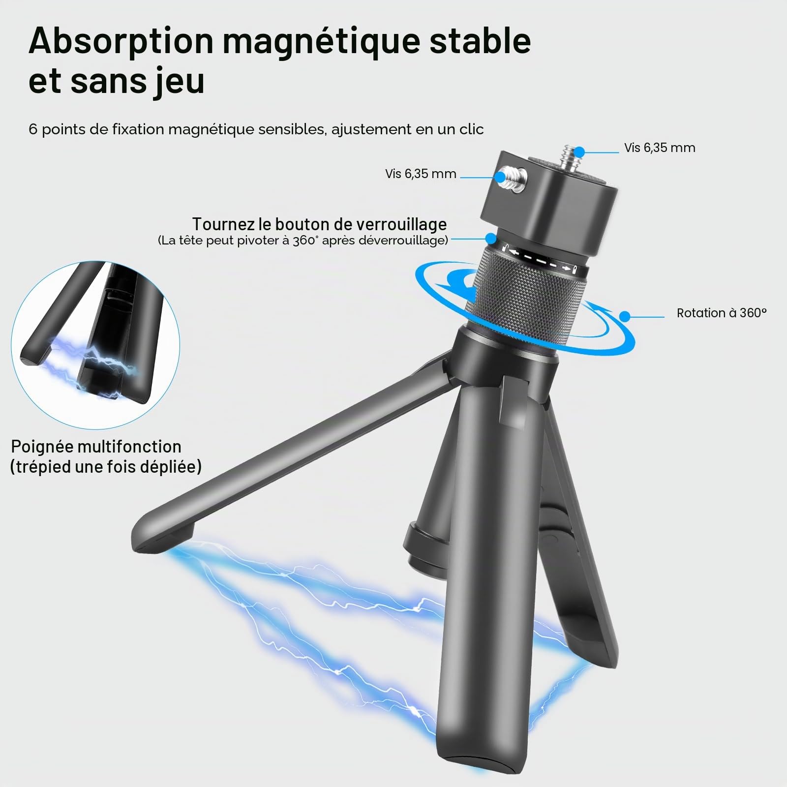 PULUZ Bullet Time Handle Trépied pour Insta 360 X3 X4 X5 One X2, Mini Trépied de Caméra avec Double 1/4 de Pouce pour DJI Osmo Action 3 4 5 Pro, Osmo 360, pour Gopro Hero 12 11 10 8 7 6 5