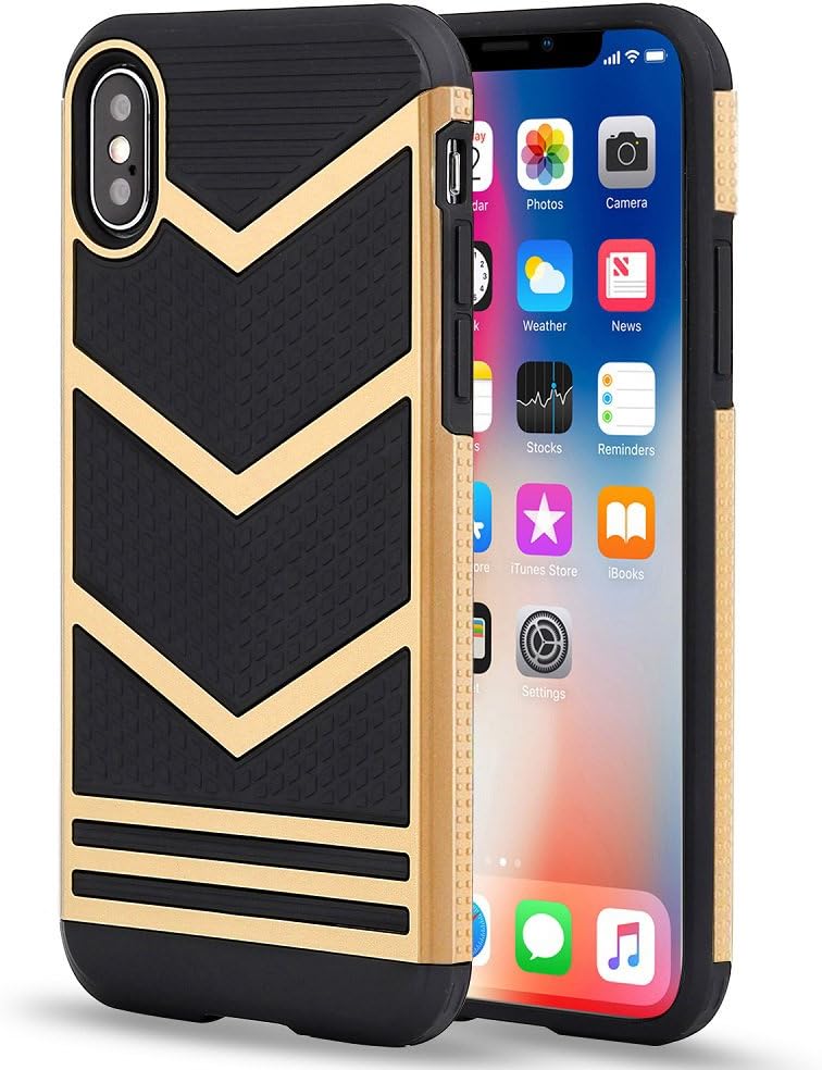 iPhone X Case, iPhone Xs Case, LOEV Anti-Slip Soft Rubber iPhone 10 Cover, [ Chevron Design] Ultra Slim and Anti-Scratch Shock-Absorption Protective Case for Apple iPhone X/Xs/10 5.8" - Gold & Black