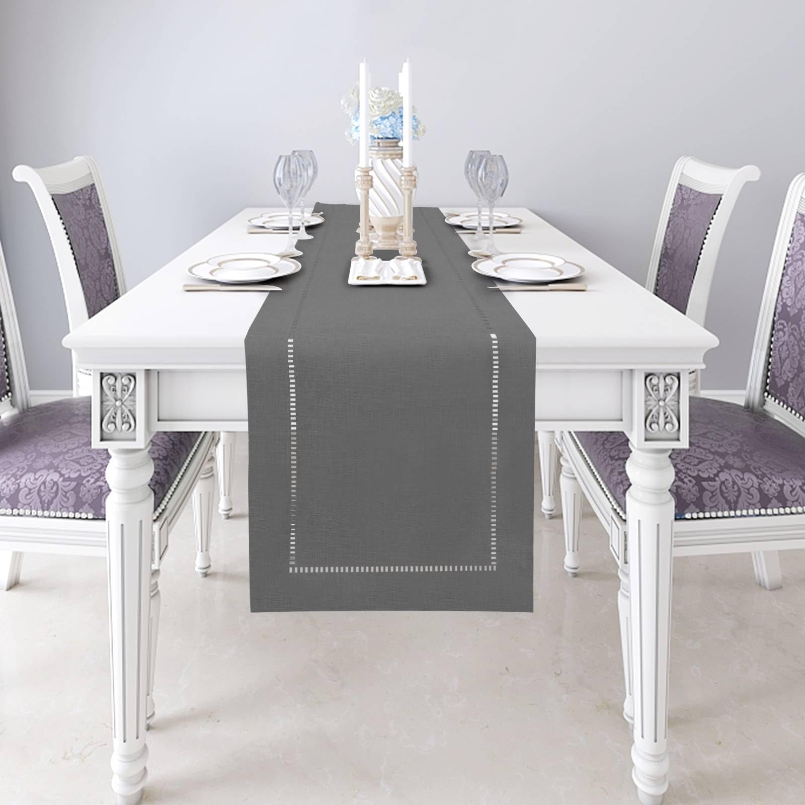 Chemin De Table Floral Dahlia 40x140cm - Lin Imprimé - Déco Table Printemps/Été - Vert Gris