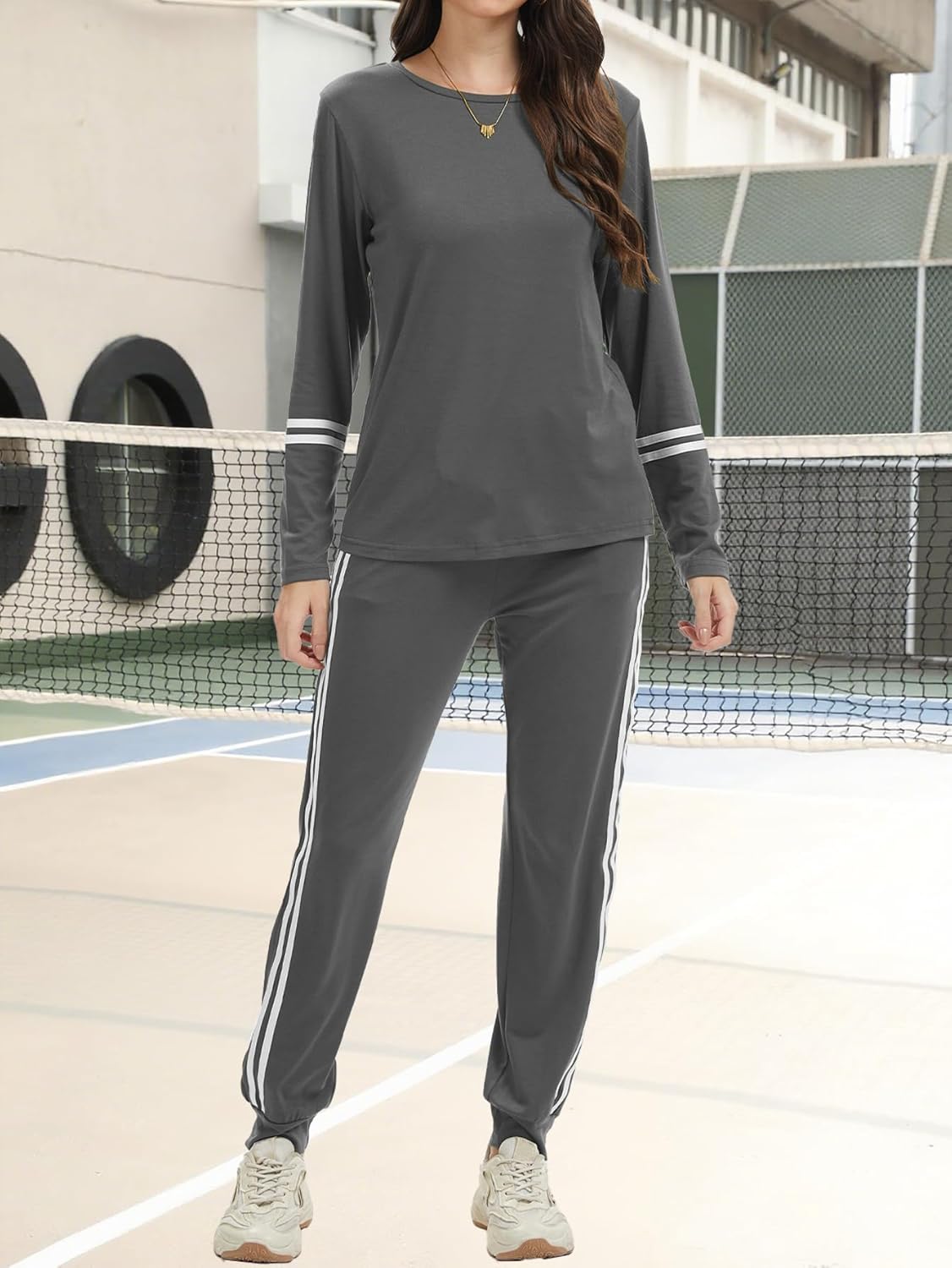 Women 2 Piece Outfits Crew Neck Striped Long Sleeve Casual Sweatsuit Lounge Set Tracksuits Pajama Pullover with Pocket - Image 2