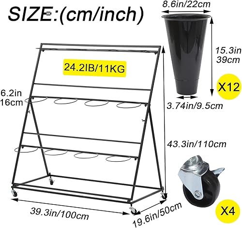 Miniatura 2 de Soporte de exhibición de flores con ruedas, soporte para plantas de hierro para interiores y exteriores, 3 capas de 12 barriles, soporte