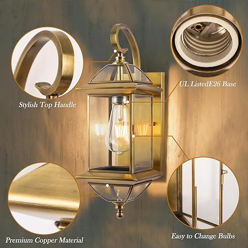 Miniatura 2 de Lámpara de pared de cobre dorado de 18 pulgadas, grande de latón aceitado 100% cobre macizo, lámpara de porche con vidrio transparente, aplique