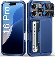 Vista 91 de Funda para iPhone 16 Pro Max con tarjetero (4-5 tarjetas), funda deslizante para cámara y protección de grado militar, a prueba de golpes, Azul