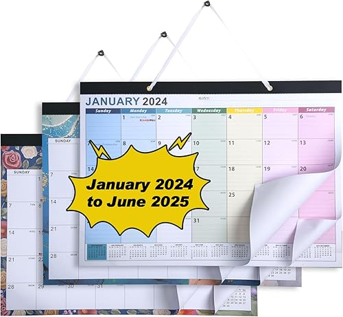 3 planificadores de pared 2024-2025 de 17 x 12 pulgadas, calendario de pared grande de escritorio, calendario de pared de 18 meses, calendario de