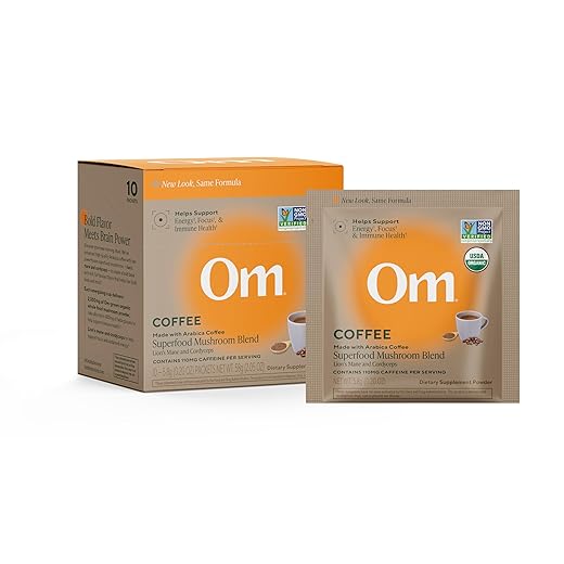 Om Mushroom Superfood Coffee Blend Mushroom Powder, Single Serve, 10 Count, Organic Arabica Beans, Lion's Mane, Cordyceps, Turkey Tail, Reishi Extract, Ginkgo Biloba, Supports Energy and Focus