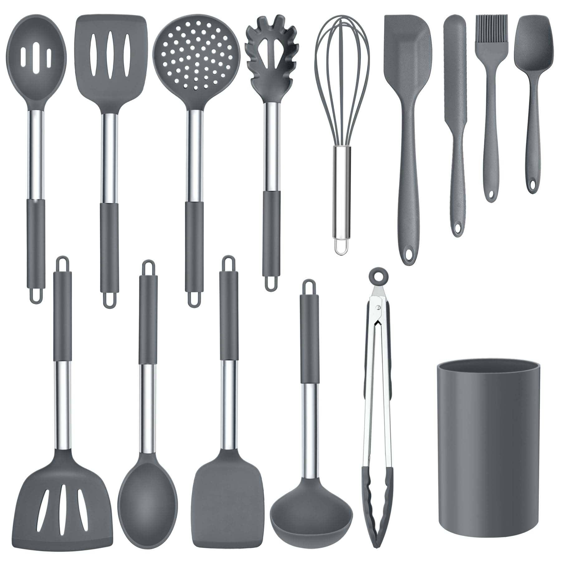 Onader Kitchen Cooking Utensils Set of 15, Silicone and Stainless Steel Utensils Spatula Set with Holder, Heat Resistant & Dishwasher Safe - Grey