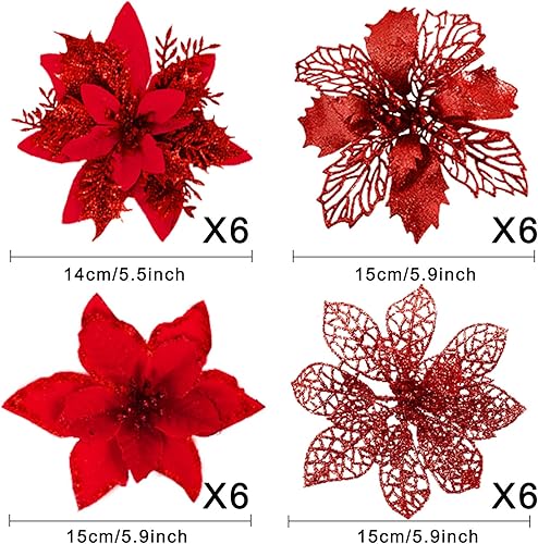 Miniatura 9 de Whaline 24 flores de Pascua de Navidad con 24 clips, 4 diseños de flores artificiales doradas con purpurina, suministros de fiesta de invierno para