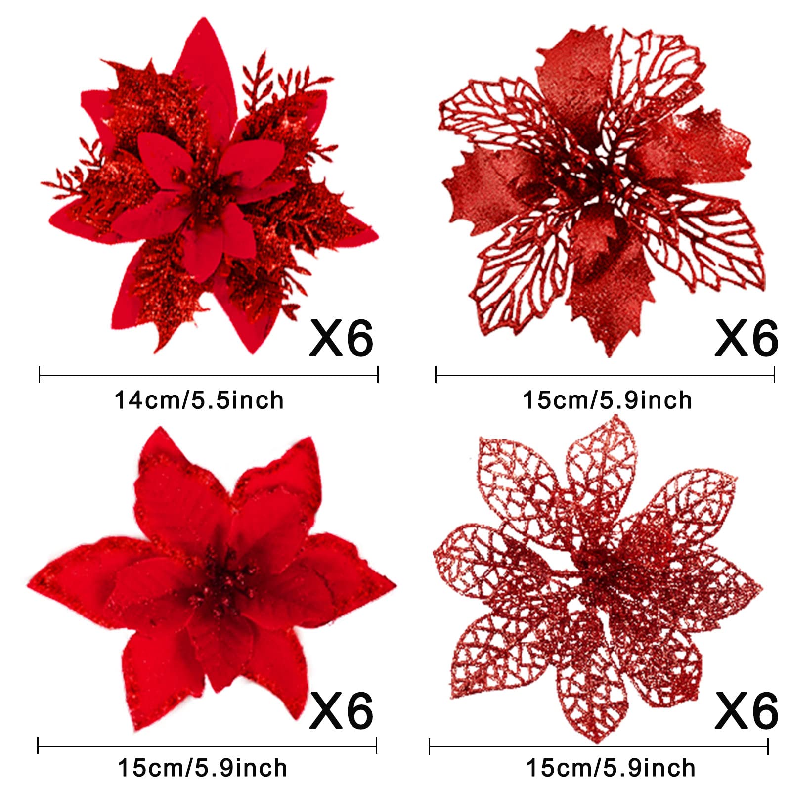 Whaline 24 Stück Weihnachtssterne mit 24 Clips, 4 Designs, rote Glitzerblumen, künstlicher Weihnachtsstern, Dekoration für Weihnachtsbaum, Ornament, Hochzeit, Dekoration, Winterpartyzubehör