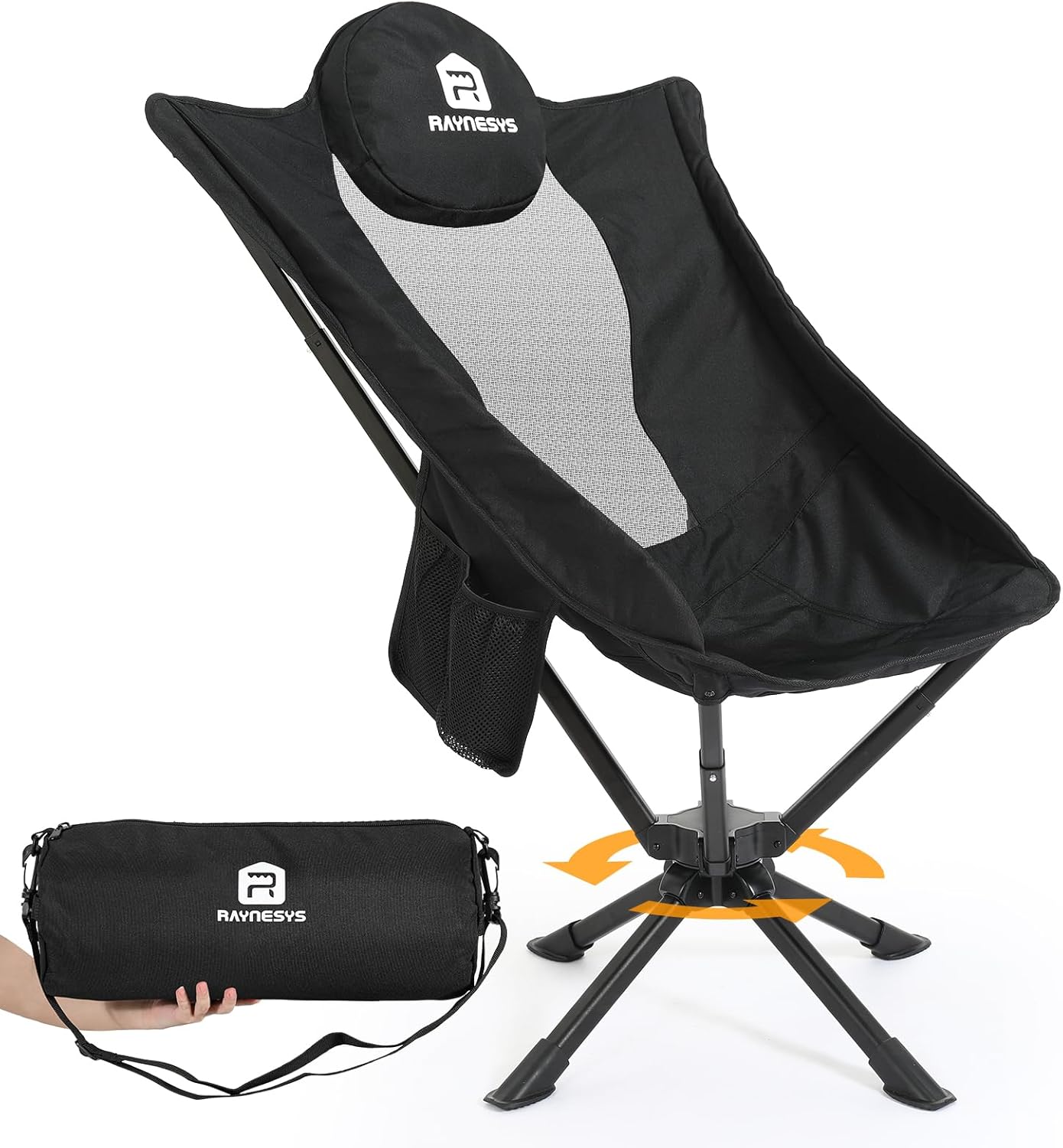 Raynesys 360° Rotation Camping Chair, Compact Hiking Chair with Cup Holder & Storage Pocket, Portable Folding Chairs for Outdoor Activities, High Back Comfort for Long Sitting, 1 Pack Black