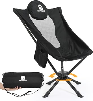 Raynesys 360 Rotation Camping Chair, Compact Hiking Chair with Cup Holder & Storage Pocket, Portable Folding Chairs for Outdoor Activities, High Back Comfort for Long Sitting, 1 Pack Black