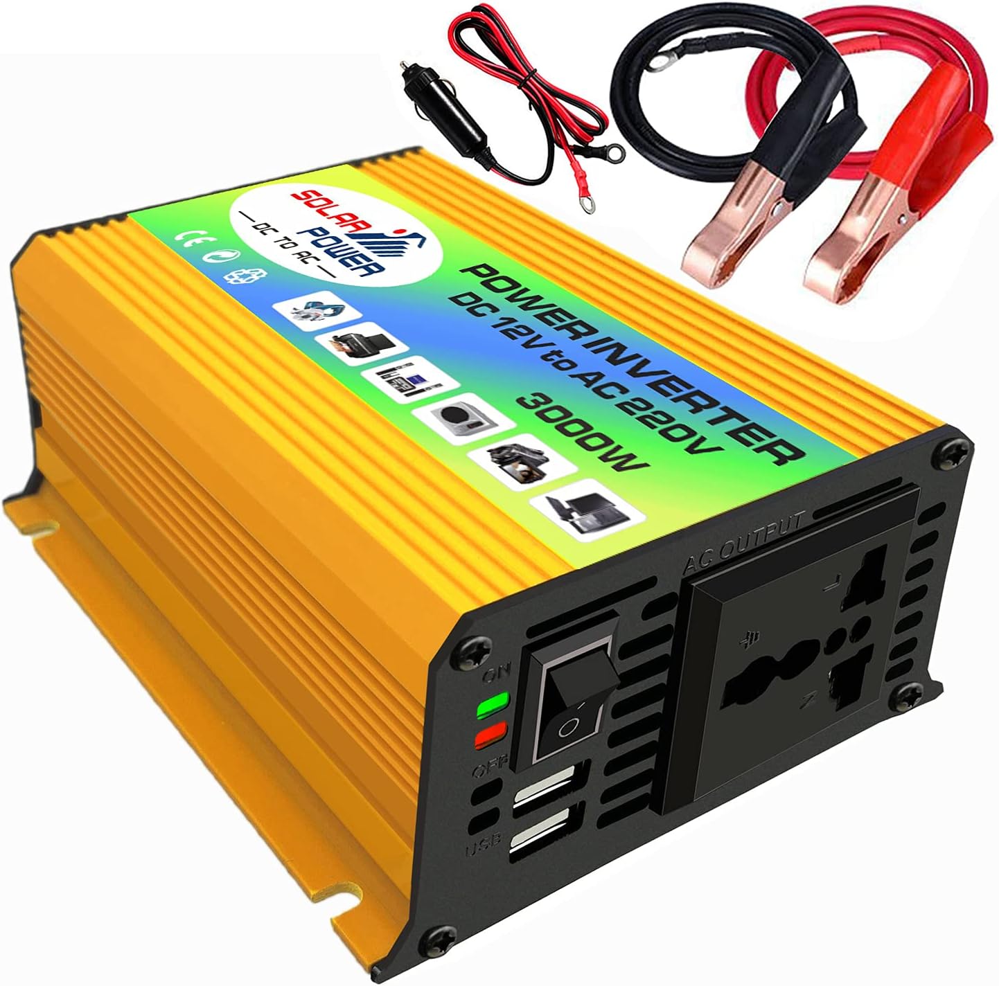 3000W Modified Sine Wave Power Inverter - DC 12V to AC 220V Converter With 2.1A Dual USB Port and Battery Clips