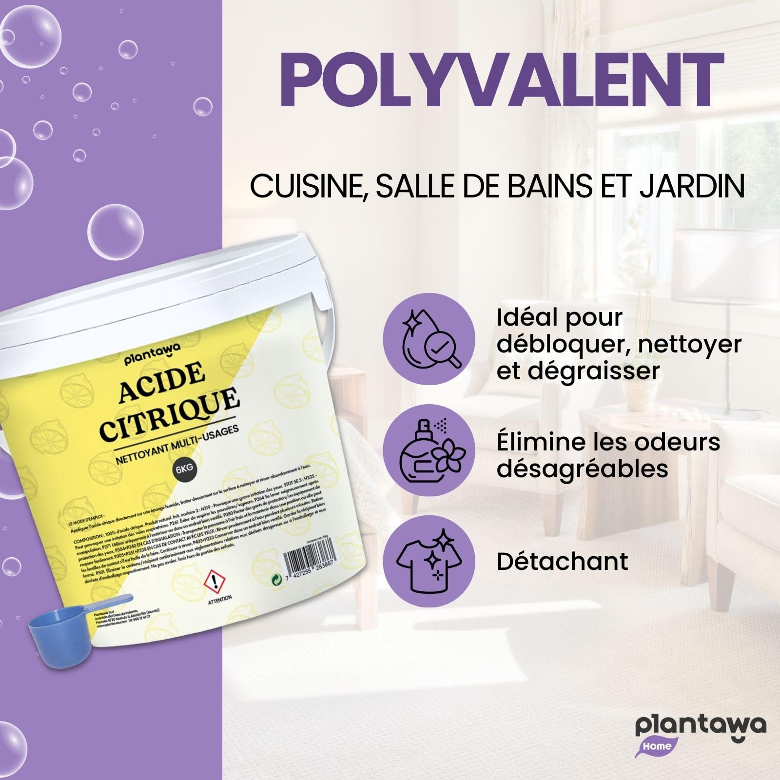 PLANTAWA Acide Citrique Powder 6kg | Acide citrique poudre menager pour la cuisine, la salle de bain et le jardin | 100% pur et polyvalent. Nettoyant universel