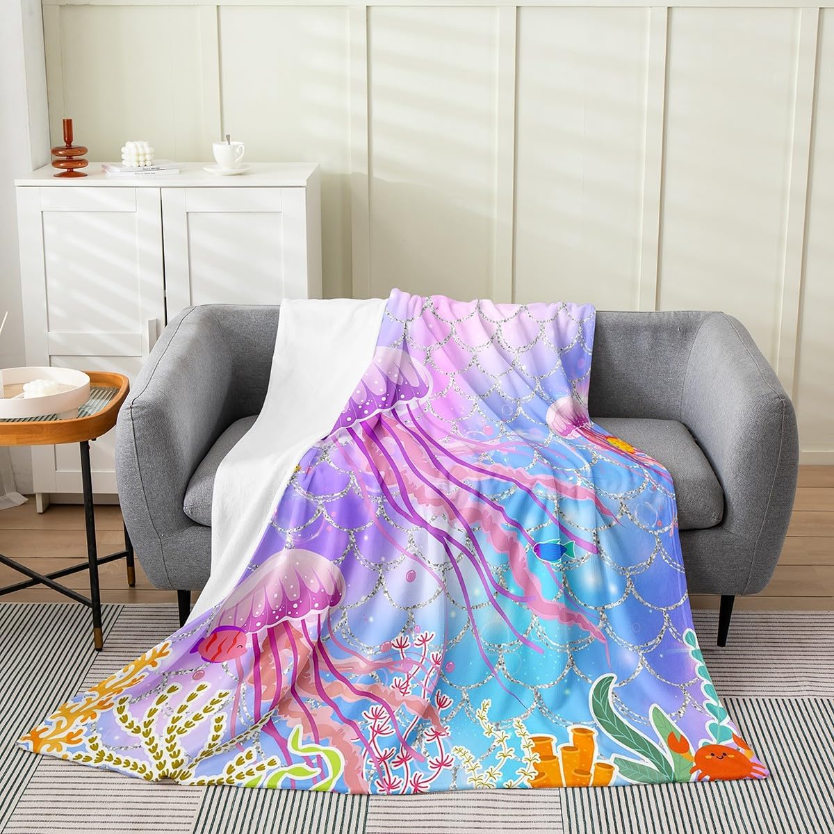 Erosebridal Jellyfish Fleece Blanket Coastal Nautical Ocean Animal Bed Blanket Queen 90X90 Purple Gradient Blanket for Sofa Bed Couch Girly Rainbow Fish Scales Luxury Soft Throw Blanket All Season