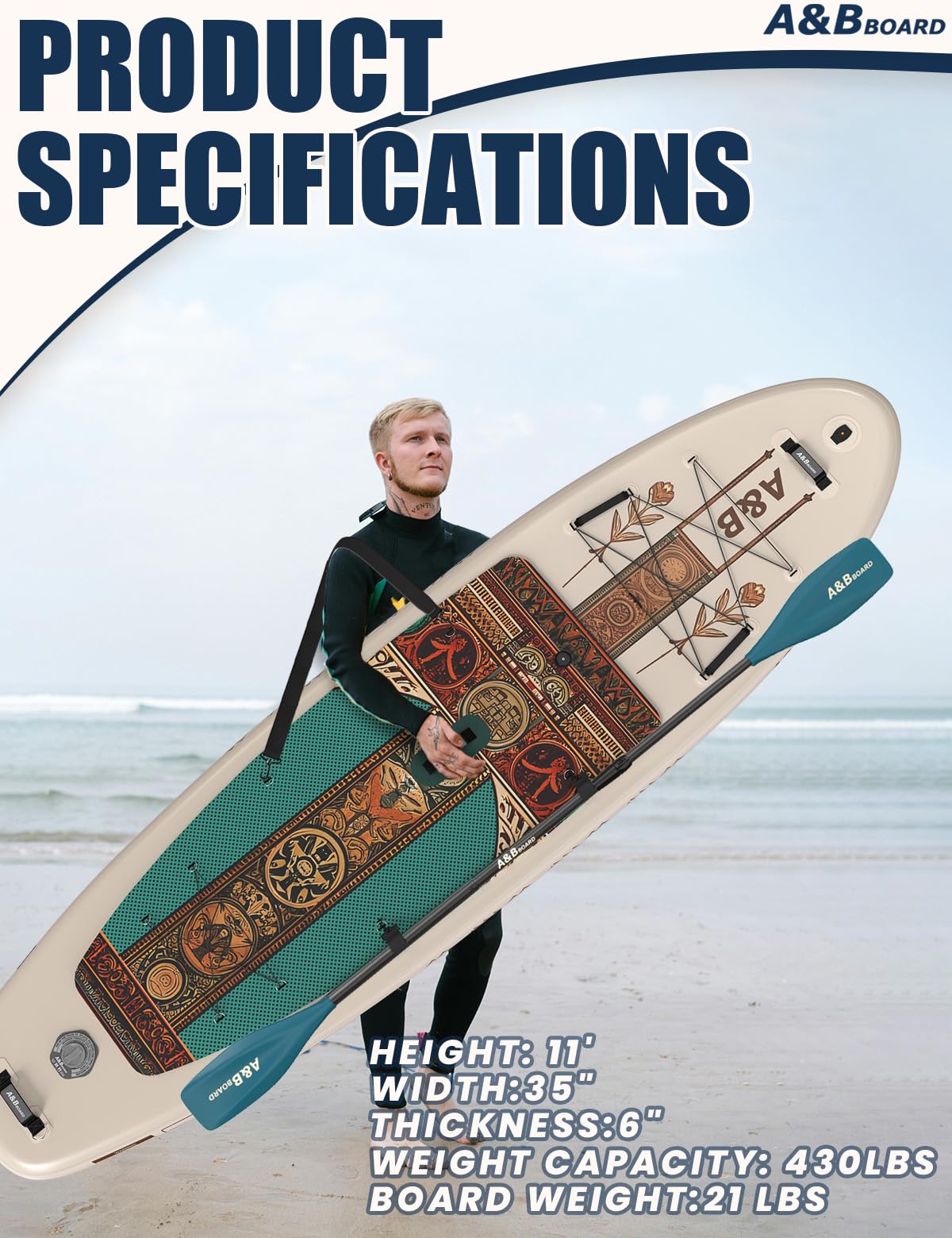 ABBOARD Stand Up Paddling Board Aufblasbar 335cm - Standup Paddle Board mit Premium Zubehör,SUP Board 200kg Tragkraft für 2 Personen Familien Anfänger