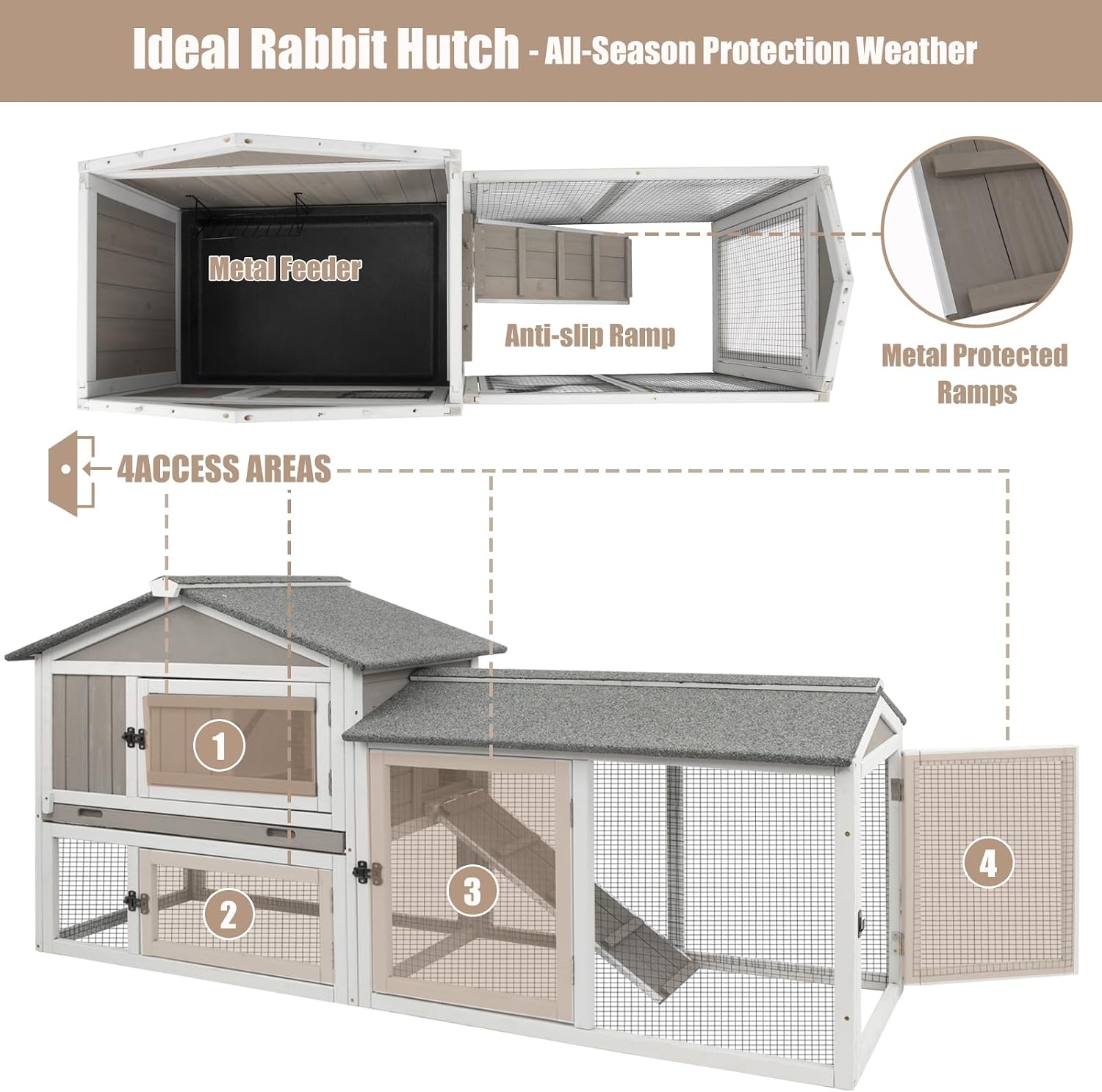 Gowoodhut Rabbit Hutch Indoor Outdoor Bunny Cage with Pull Out Tray,2 Story Wooden Rabbit Cage with Weatherproof Asphalt Roof,Guinea Pig Cage with Ventilation Doors,Ramp for Small Animals 114" L Grey
