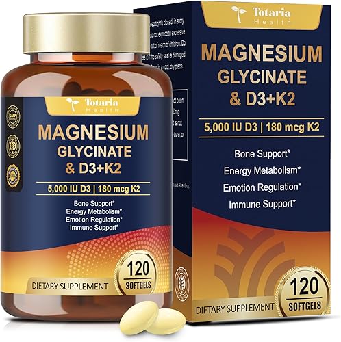 Glicinato de Magnesio 9 en 1 500mg + Vitamina D3 5000 UI y Complejo K2 – Alta Absorción – Estrés Saludable, Sueño, Función Muscular, Salud Ósea y