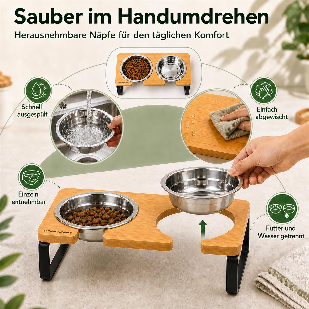 SPUNKYJUNKY Hundenapf erhöht Futternapf aus 304 Edelstahl Futterstation mit Zwei einstellbaren Höhen Fressnapf und Wassernapf für Katzen und Hunde (600ml)
