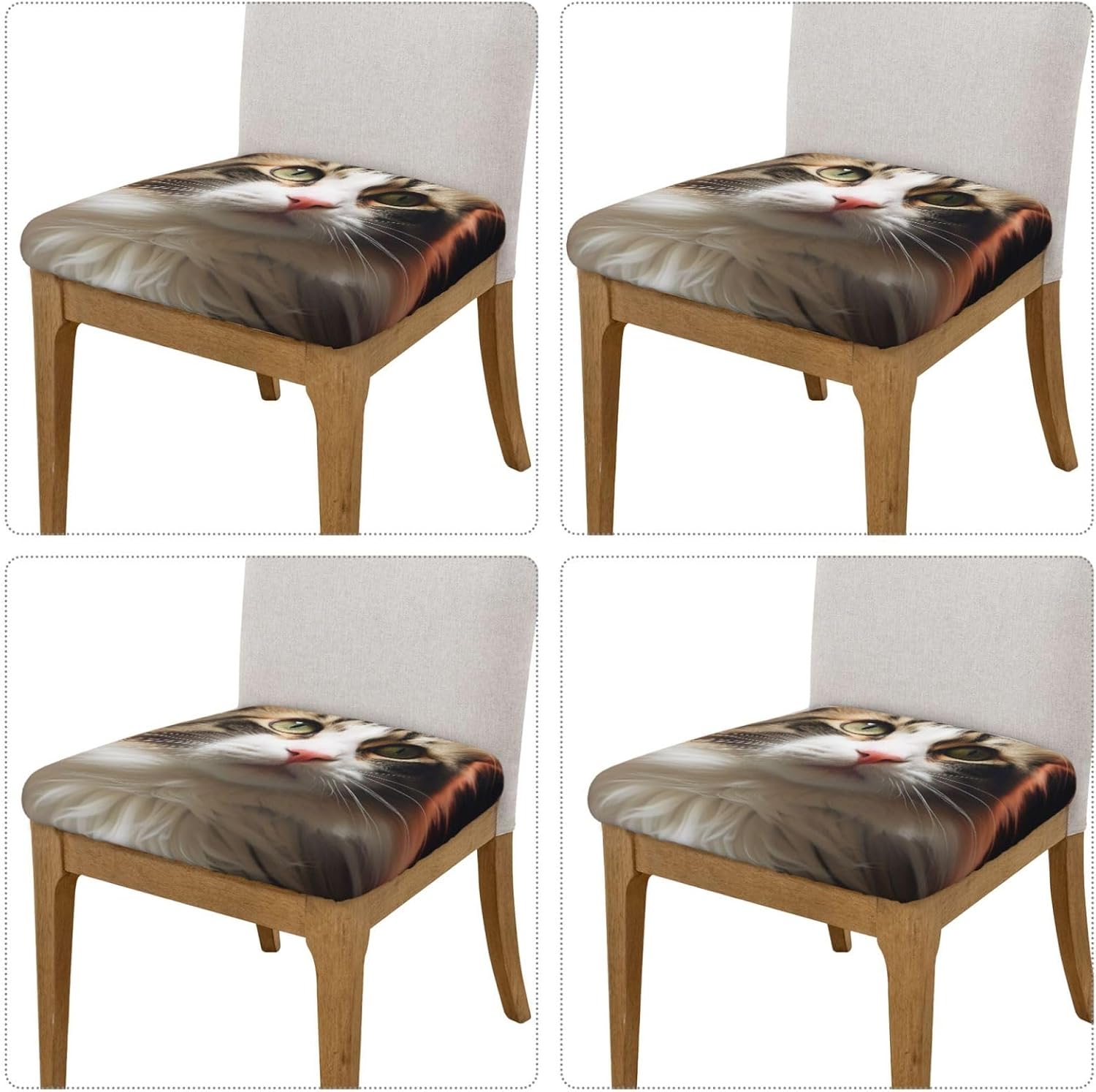 4PCS Stretch Seat Covers Set, cat Chair Covers for Dining Room, Square Chair Seat Slipcovers with Ties, Removable Washable Dining Chair Protector Seat Cover for Kitchen Office