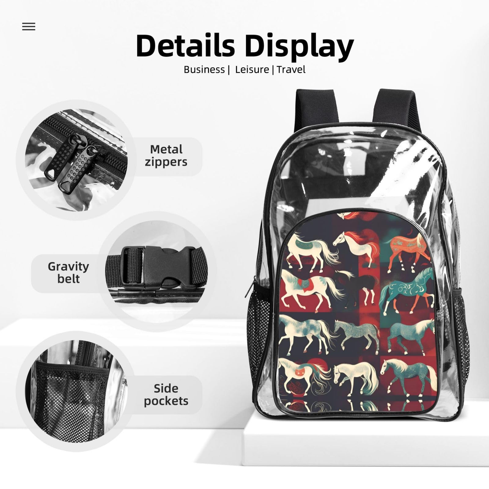 Juego de mochila estampada de varios tipos de caballos 3 en 1, juego de bolsa transparente para la escuela, trabajo, eventos en estadio y transporte diario