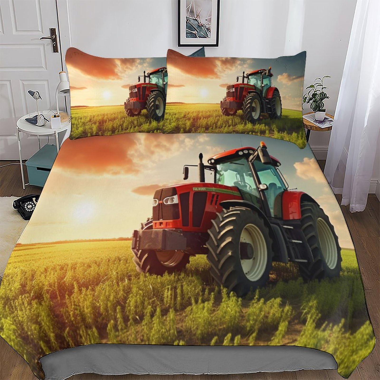 Tractor Bedding Quilt Cover 2 Pieces Sets Easy Care Super-Soft Polycotton Comforter Cover Comfortable & Durable Duvet Cover with Pillowcases For Boys Girls Single (135x200cm)