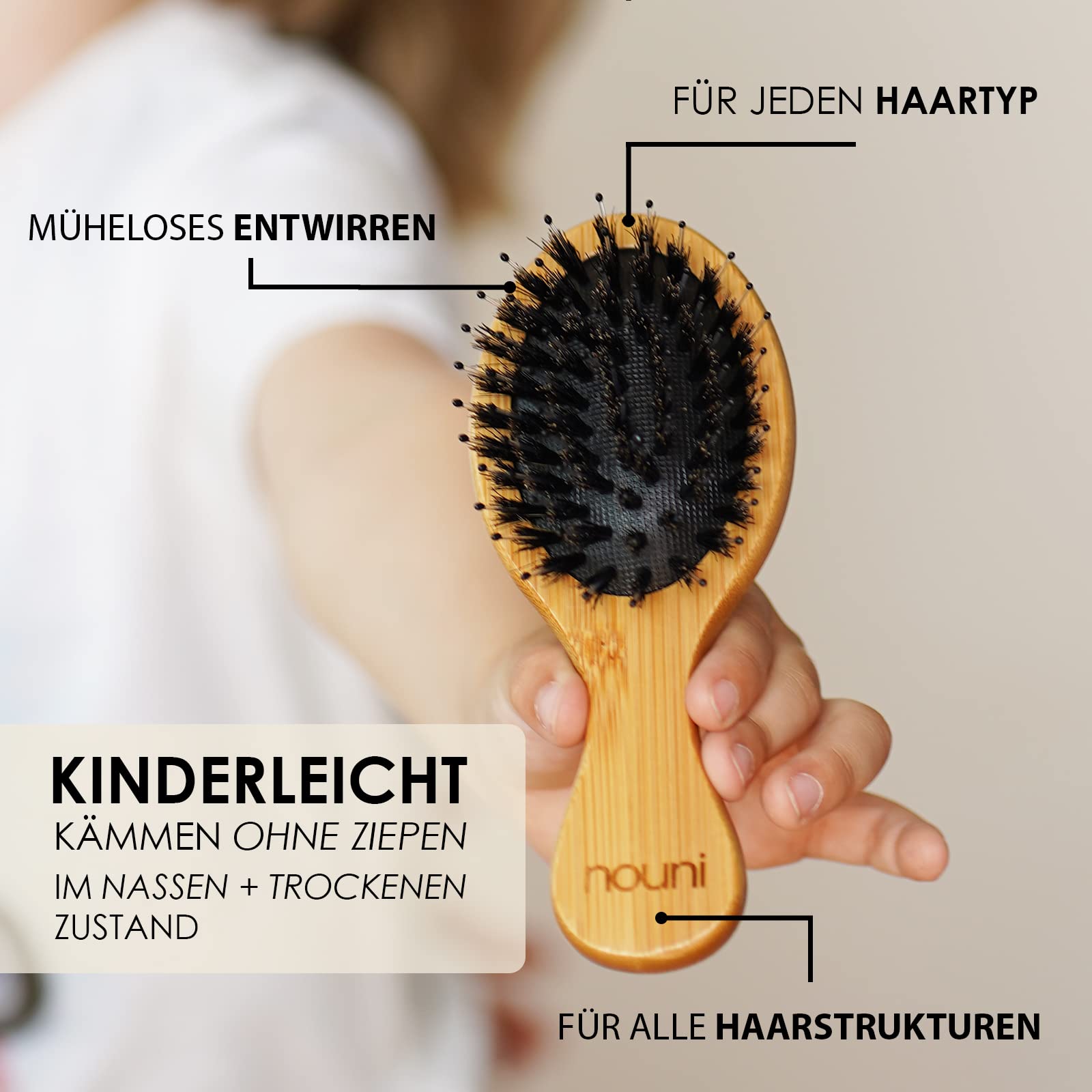 Spazzola per bambini in legno di bambù con setole di cinghiale | Kids Brush: senza tirare | Pettine massaggiante premium | Spazzola per capelli di Nouni