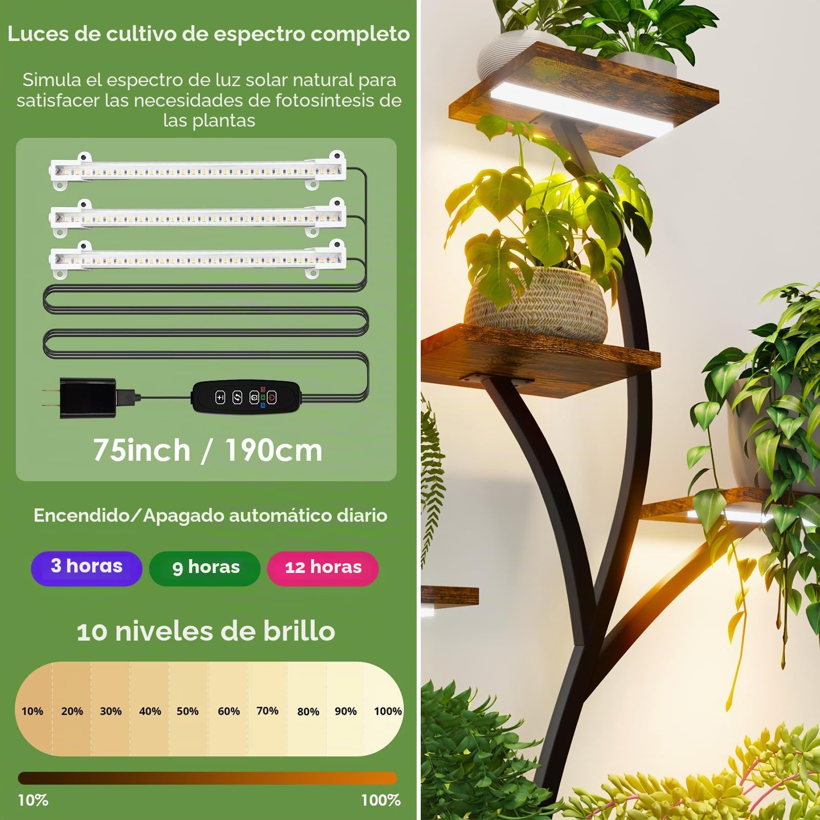 Soporte Plantas Interior de 9 Pisos con Luz de Crecimiento, 161 CM Estanteria para Plantas de Metal Altas Forma de S para Múltiples