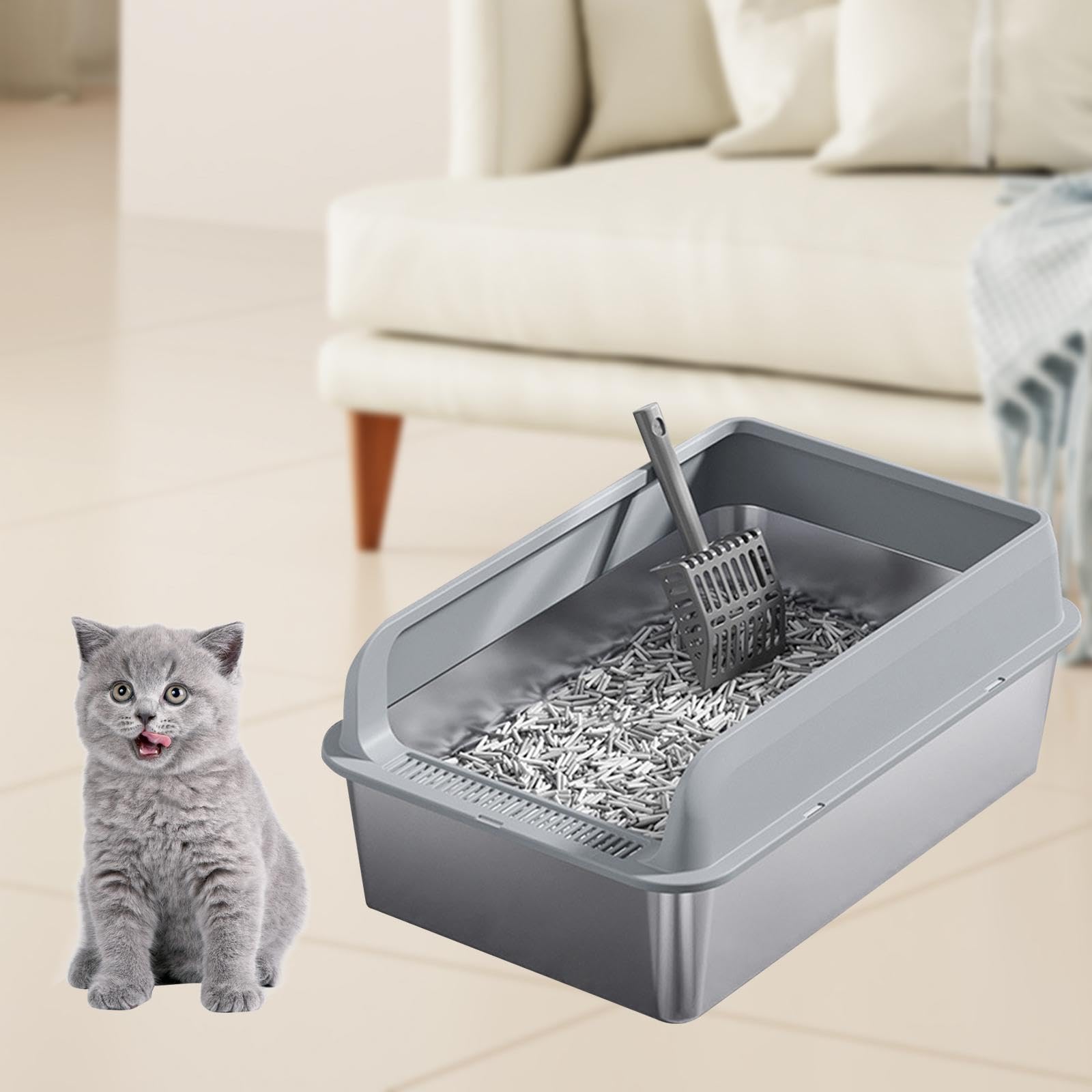 Katzentoilette Edelstahl – Halb Geschlossen, Niedriger Einstieg, Hohe Seiten, Mit Schaufel, Hellgrau