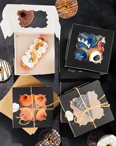 Miniatura 5 de qiqee Caja de panadería negra con ventana, 60 paquetes de 6 x 6 x 3 pulgadas, cajas de galletas negras para pastelería para bodas, cumpleaños y