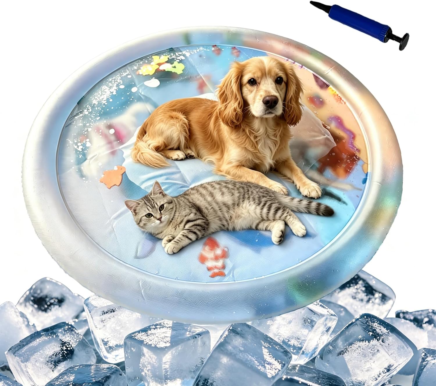 2Pack Extra Thick Pet Sensory Play Mat and Air Pump, Interactive Cats Toy,L | Cat Summer Cool Water Sensory Play Pad with Fish, Washable Inflatable 39.3" Large Water Bed, for Most Cats, Small Medium Dogs