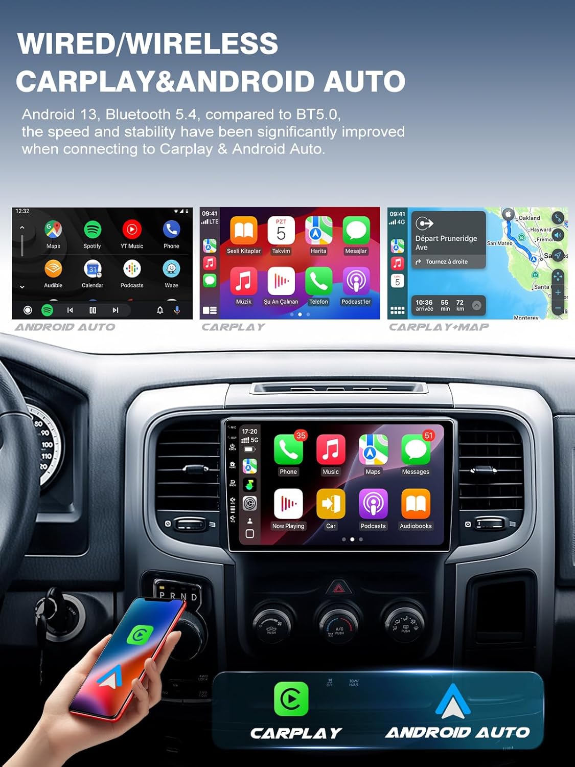 Car Radio Stereo for Dodge RAM 1500 2500 3500 2013-2018, Android 13/IPS Touch Screen/Wireless Carplay/Android Auto/Bluetooth/GPS Navigation/WiFi/5G/HD Back-up Camera/SWC/FM (2+64)