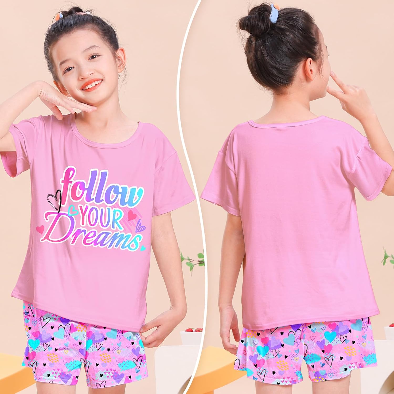 Play Tailor Girls Pajamas for Kids 2 PCS Summer Pjs Set Short Sleeve Top Sleepwear for Teen Girl 4-15 - Image 2