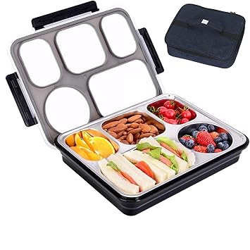304 Stainless Steel Lunch Boxes, Lunch Boxes, Lunch Box For School, Lunch Box For Office Men Steel, Ideal For 12+ Year Teenagers (With Bag 5 Compartment, Black), 1600.00 milliliter