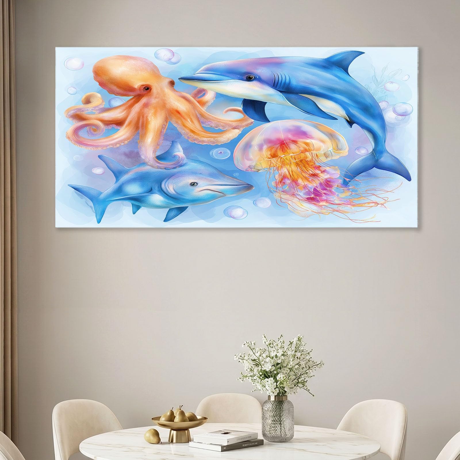 Obraz na płótnie z kreskówki 120 x 60 cm niebieski zwierzę delfin ośmiornica meduza - obraz na płótnie na drewnianej ramie i dekoracja do salonu i sypialni