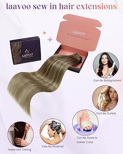 Miniatura 51 de LaaVoo Extensiones de cabello humano real para coser, extensiones de cabello humano de doble trama, color negro azabache, 18 pulgadas, 3.53 onzas