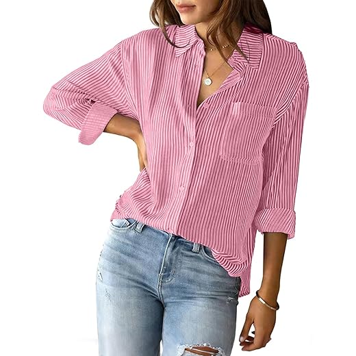Blusa feminina listrada de botão clássica casual manga longa solta para trabalho de escritório com bolso