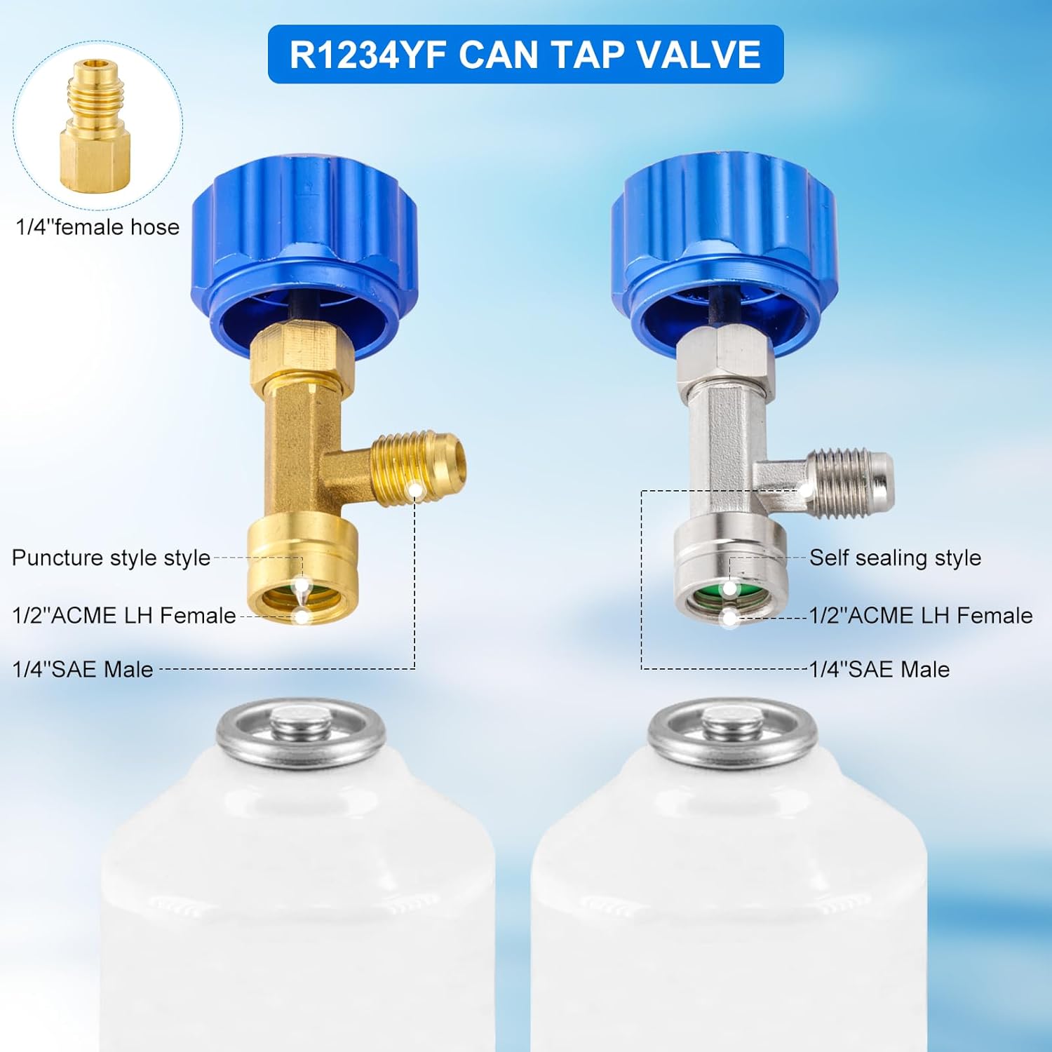 R1234yf Quick Couplers Kit, R1234yf to R134a Quick Coupler Adapter Kit with R134A Conversion Adapter R1234YF Can Tap Valve Self Sealing Puncture Style(R1234YF Adapter + 2PC Can Opener)