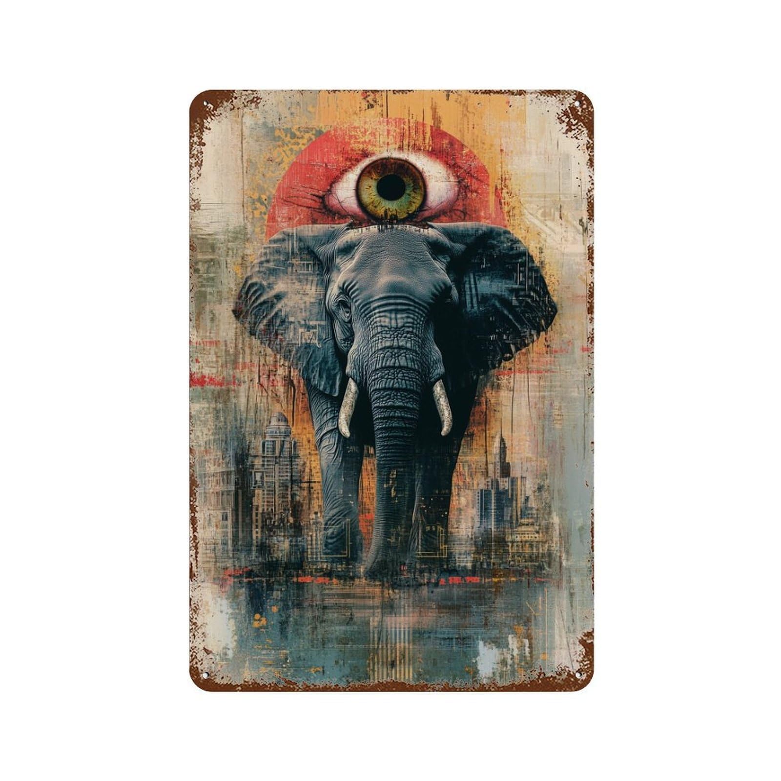 Urban Elephant Abstract Art Print -1 Rustic Tin Plaque 11.8"x7.9", Industrial Home Decor for Pub, Kitchen And Man Cave Decor