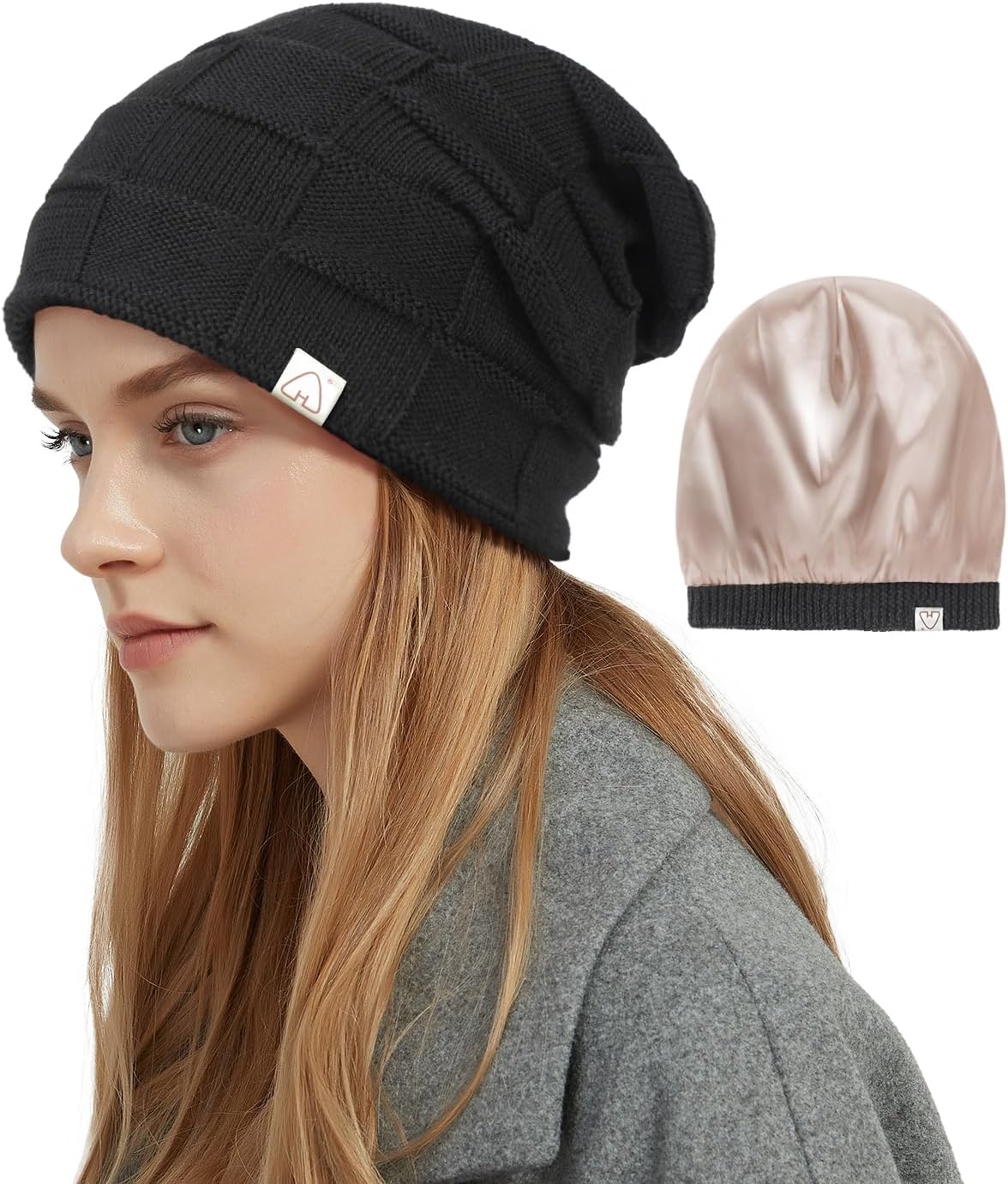 Hat Hut Womens Beanie Satin Lined Beanie Winter Hats for Women Men, Silk Lined Slouchy Beanie Hats Soft Warm Ski Hat Unisex