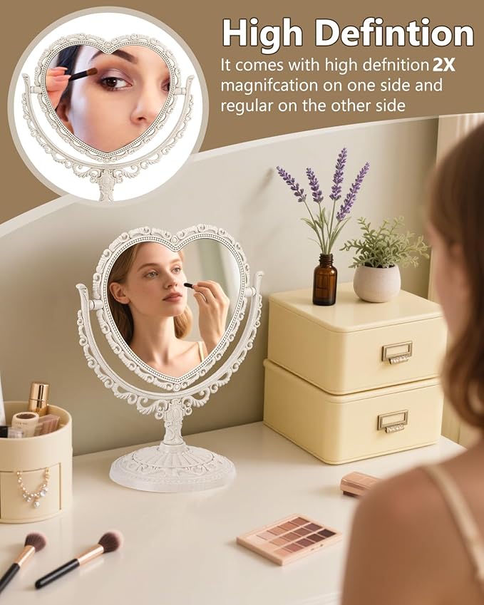 Espejo de Maquillaje con Forma de Corazón Beige para Escritorio miniatura 7