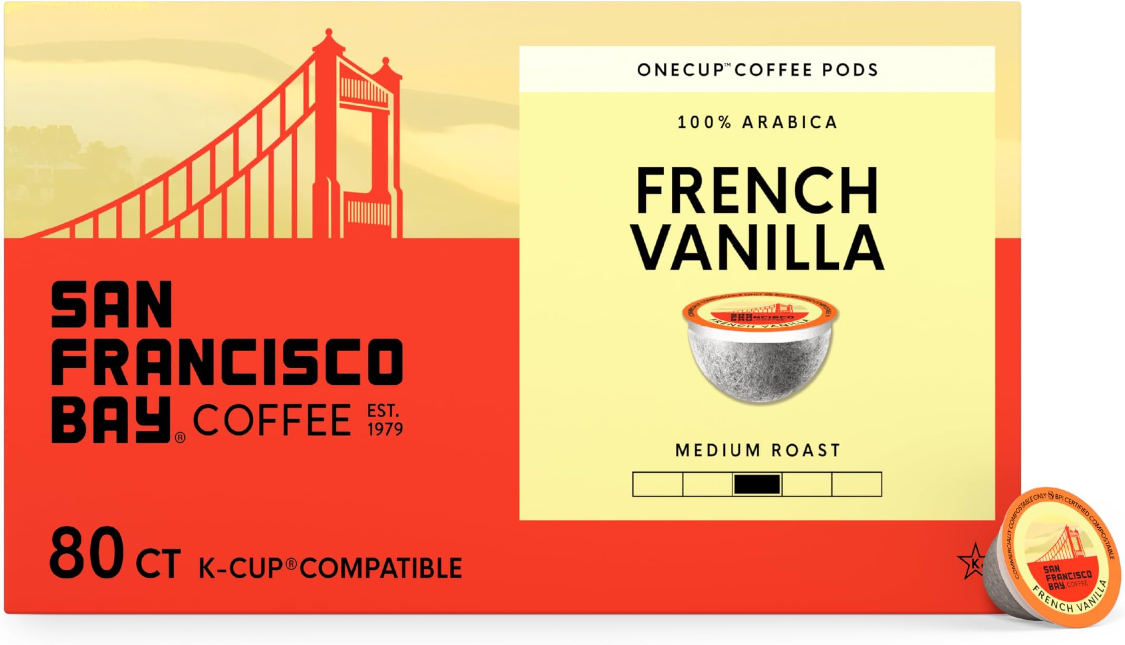 San Francisco Bay K-Cup Coffee Pods, French Vanilla (80 ct), Medium Roast, Commercially Compostable Single-Serve Flavored Coffee Pods