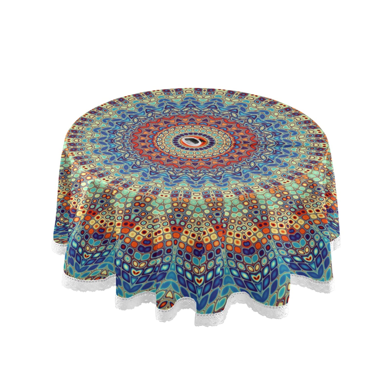 xigua Mandala Round Tablecloth with Zipper Umbrella Hole, Waterproof Spillproof Polyester Fabric Table Cover for Outdoor Patio Garden Dining Party, 60 Inch