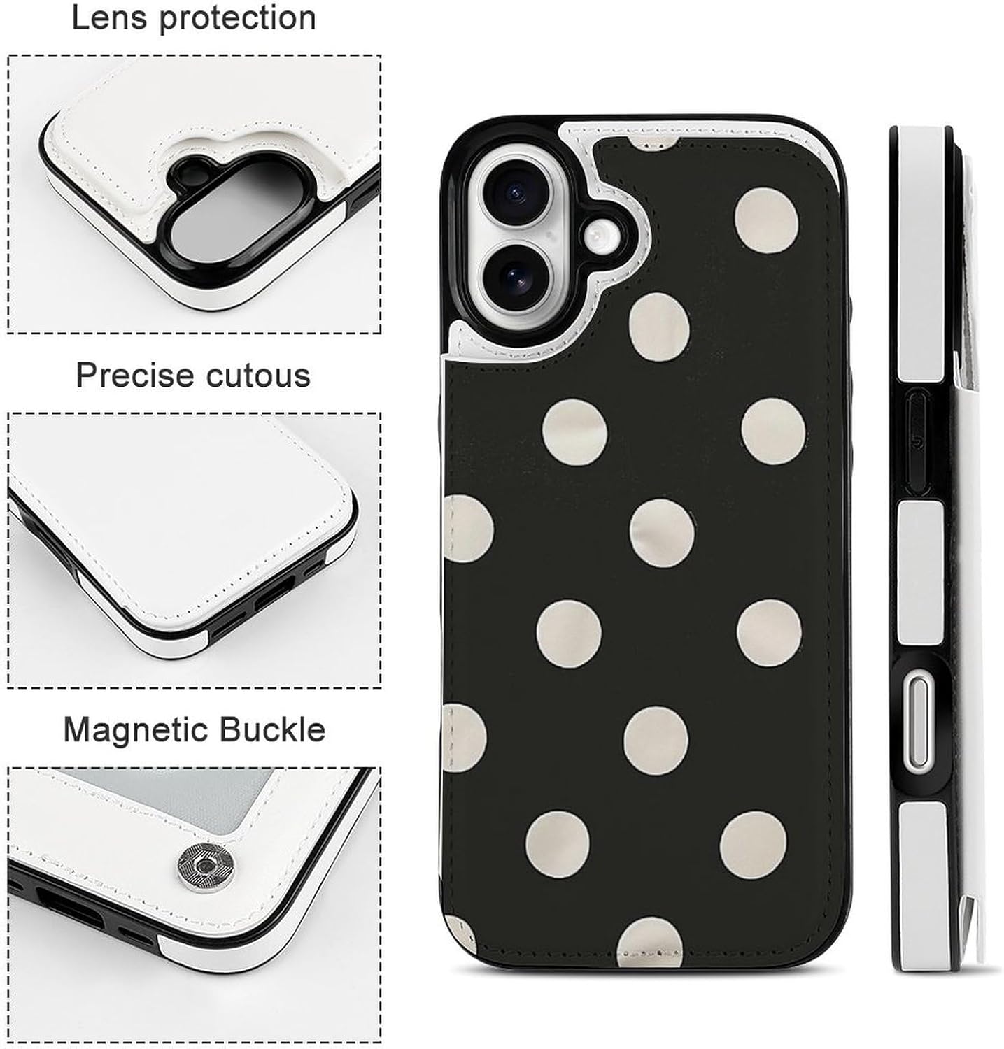 Black and White Polka Dot Print Wallet Case for iPhone 16 Plus - PU Leather Flip Shockproof Wallet Phone Cases Cover with Card Slots, Kickstand, Magnetic Clasp Closed