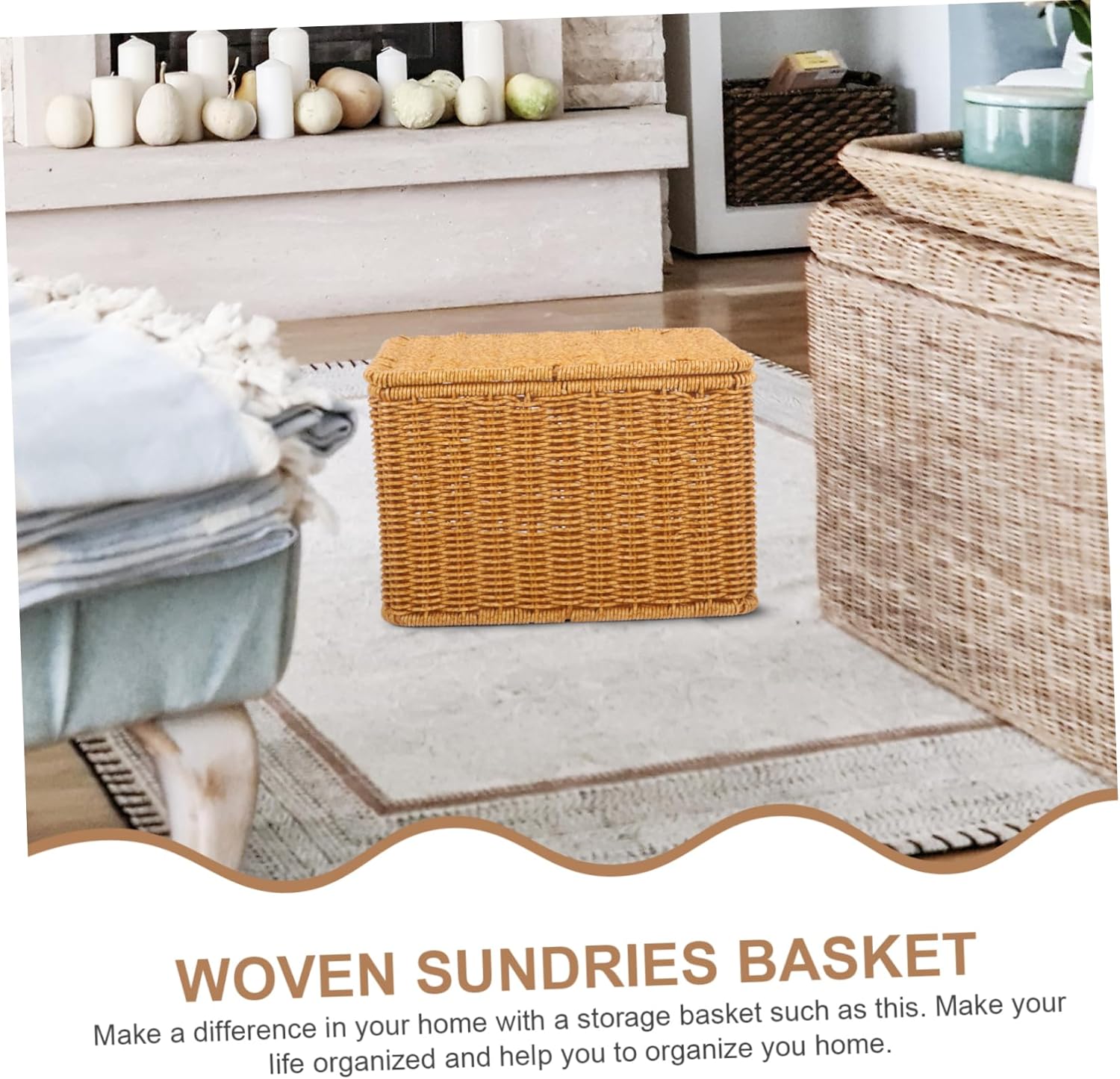 Wakauto Imitation Rattan Storage Basket with Lid Small Multi Purpose Woven Organizer for Household Clothes Socks Shoes Bedroom Kitchen Bathroom Wardrobe Laundry Use