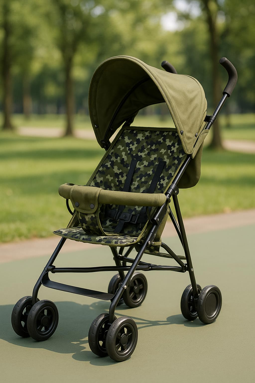 MLU Lightweight Foldable Baby Stroller with Adjustable Canopy, Safety Harness, Swivel Wheels & Storage Basket – Portable Travel Pram for Kids (militry)-image-34